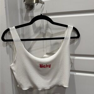 Princess Polly Cream Crop Top with Red Text
